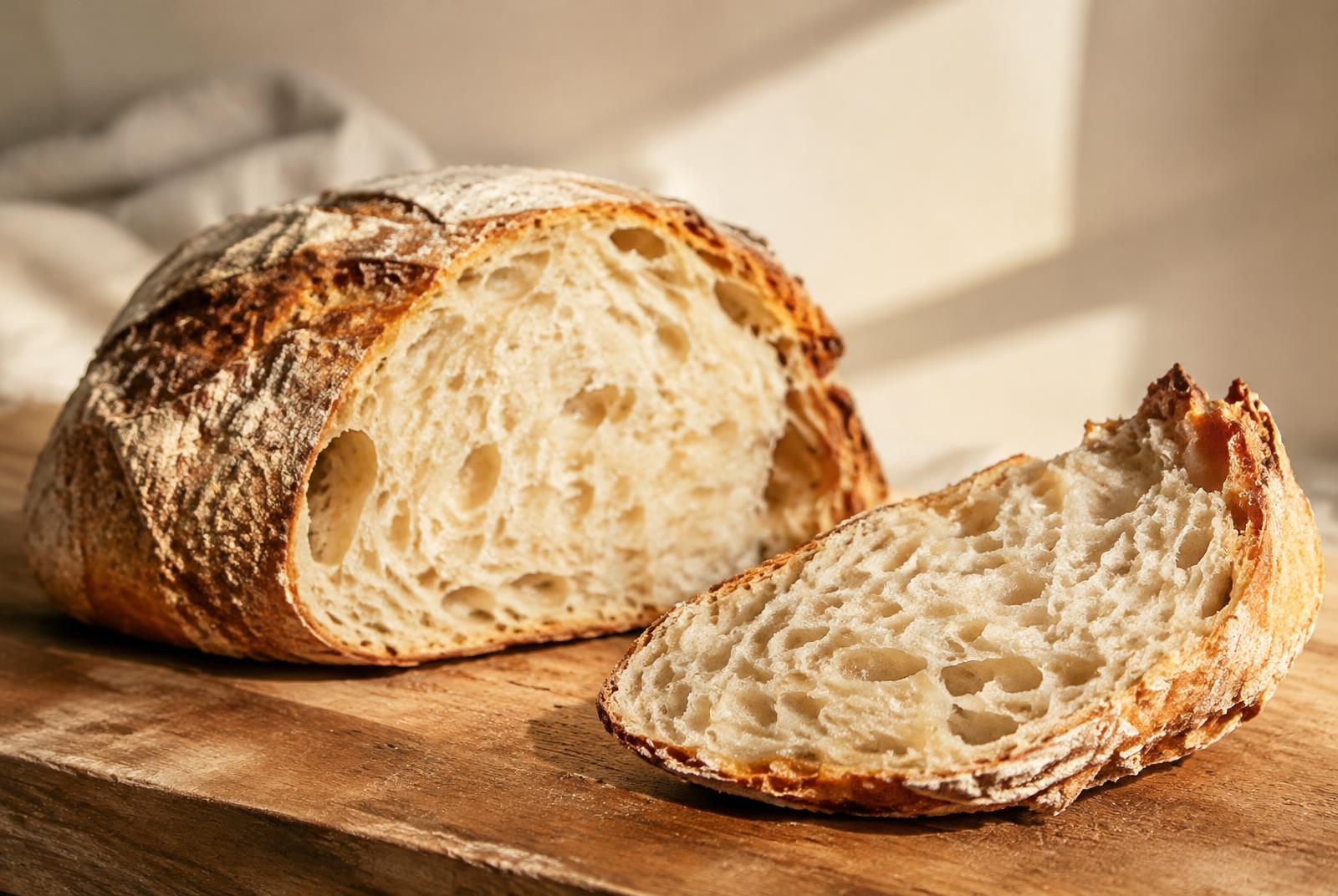Sliced sourdough with an open, airy crumb