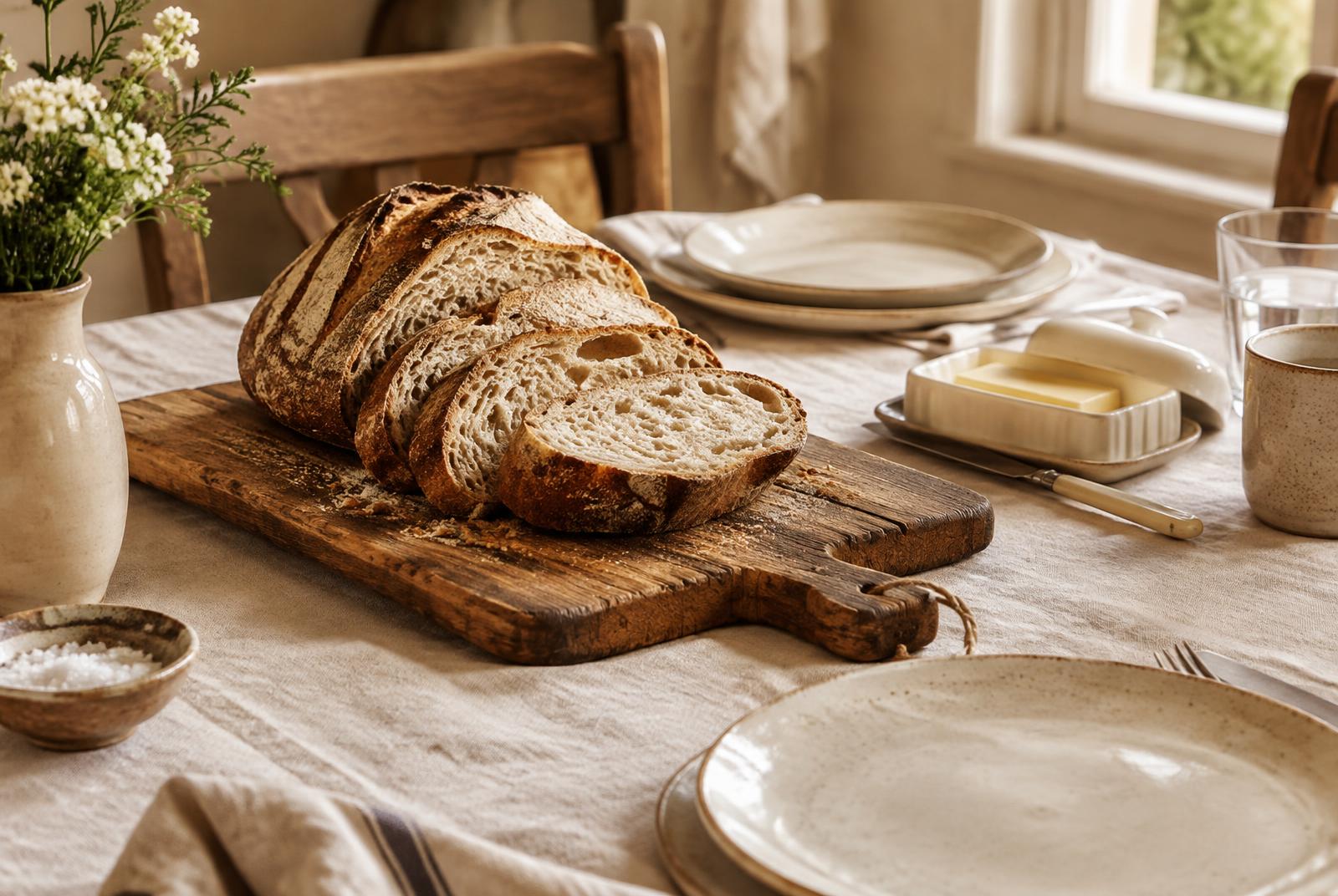 Sliced sourdough on a wooden board at the family table