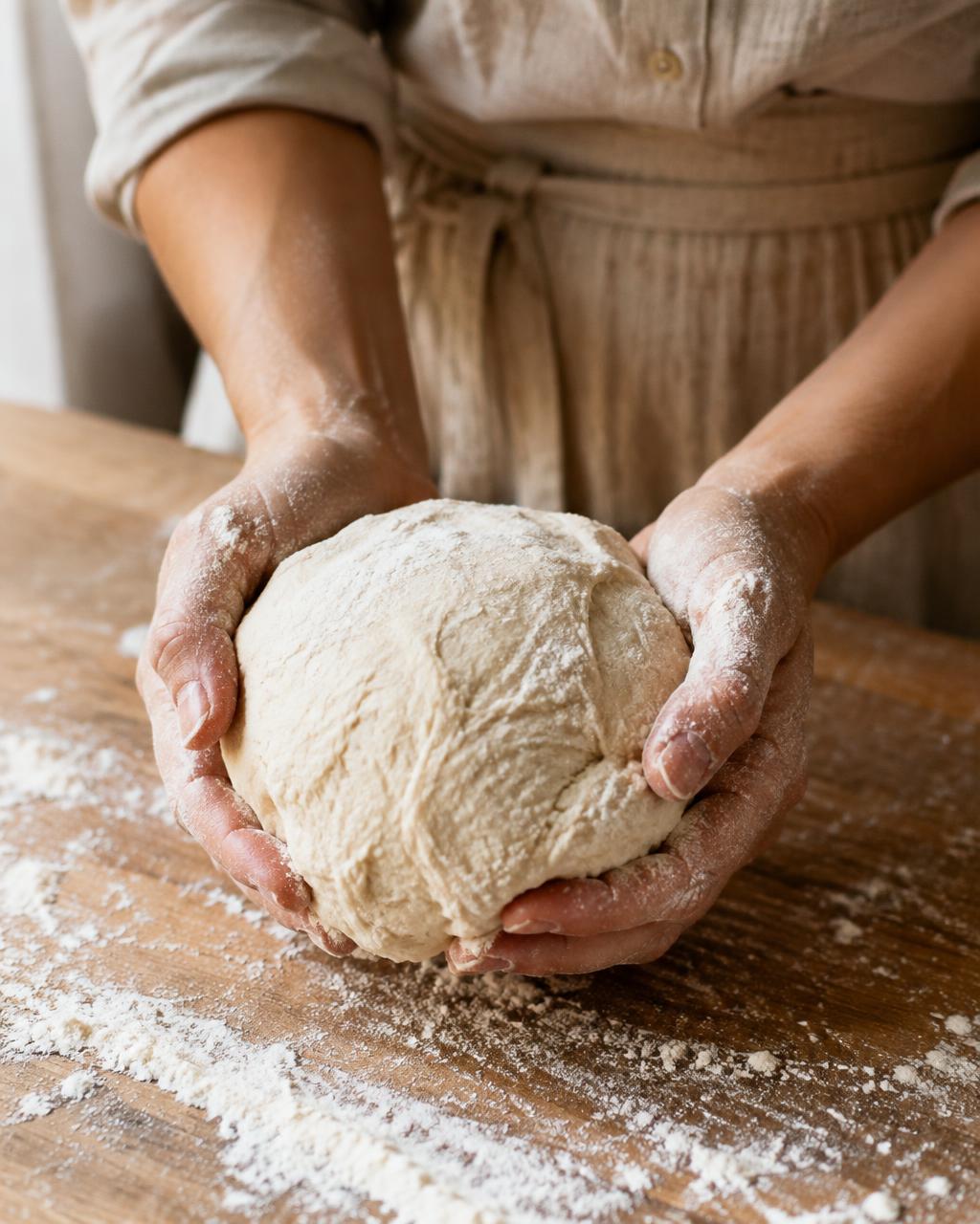 Milica's hands with flour and sourdough dough
