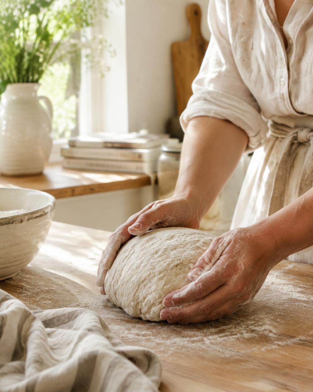 Hands shaping sourdough dough in a sunlit kitchen