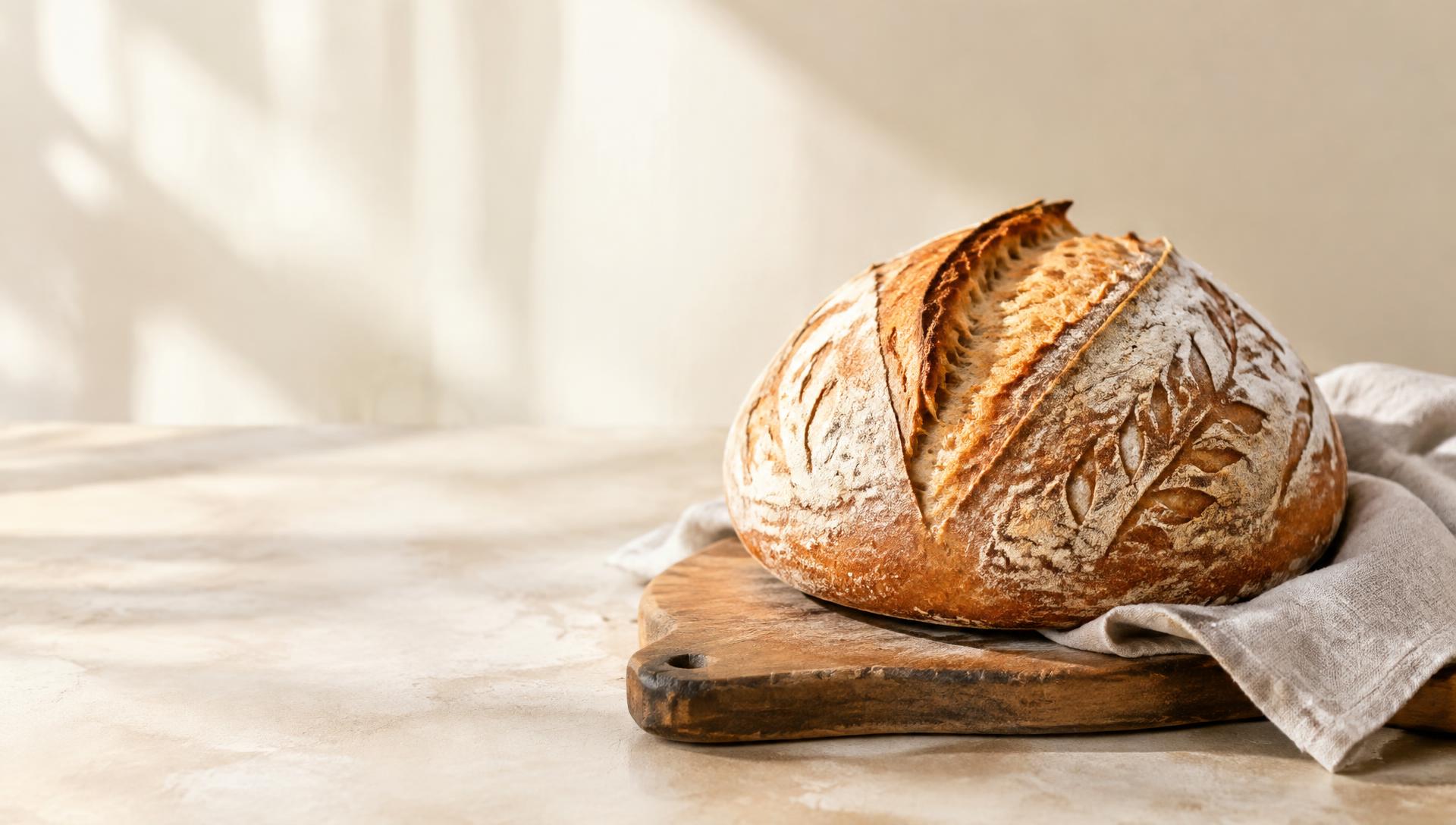 Golden scored sourdough loaf on a wooden board with linen
